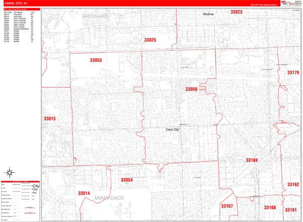 Carol City City Digital Map Red Line Style